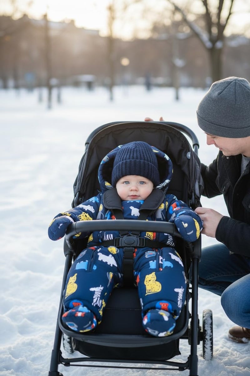 JiAmy Baby Snowsuit Baby Boys Girls Winter Hooded Clothes with Gloves Booties Toddler Cotton Jumpsuit Navy Blue 9-12 Months - Image 2